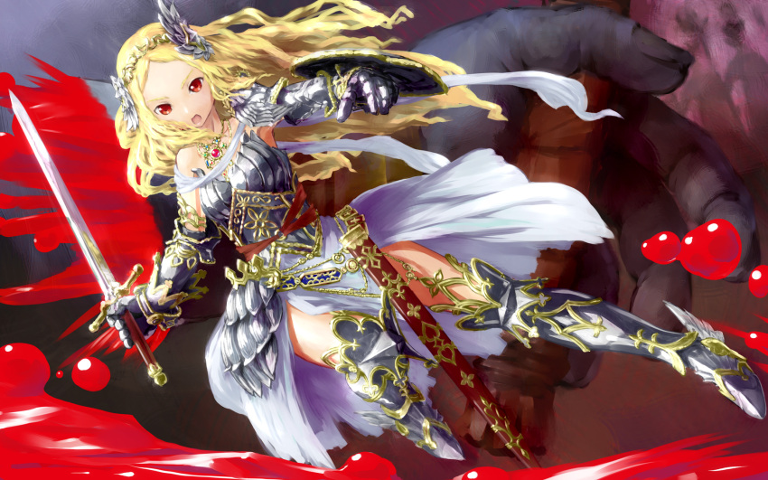 1girl, armor, armored_dress, battle, blonde_hair, blood, breastplate, faulds