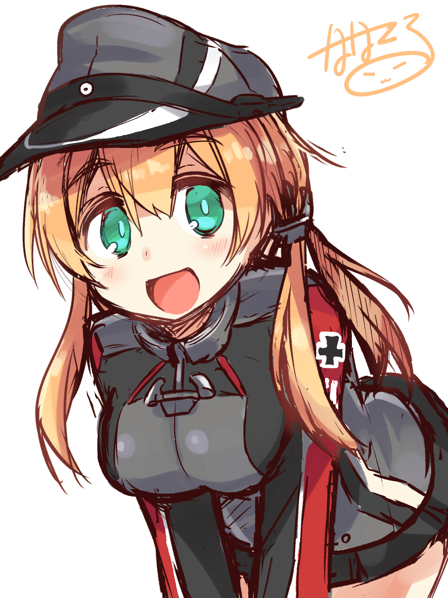 1girl, :d, anchor_hair_ornament, aqua_eyes, black_ribbon, black_skirt, blonde_hair, blush, hair_ornament, hair_ribbon, hat, highres, iron_cross, kantai_collection, leaning_forward, long_hair, long_sleeves, microskirt, military, military_uniform, open_mouth, peaked_cap, pleated_skirt, prinz_eugen_(kantai_collection), renkonan, ribbon, signature, simple_background, skirt, smile, solo, twintails, uniform, white_background