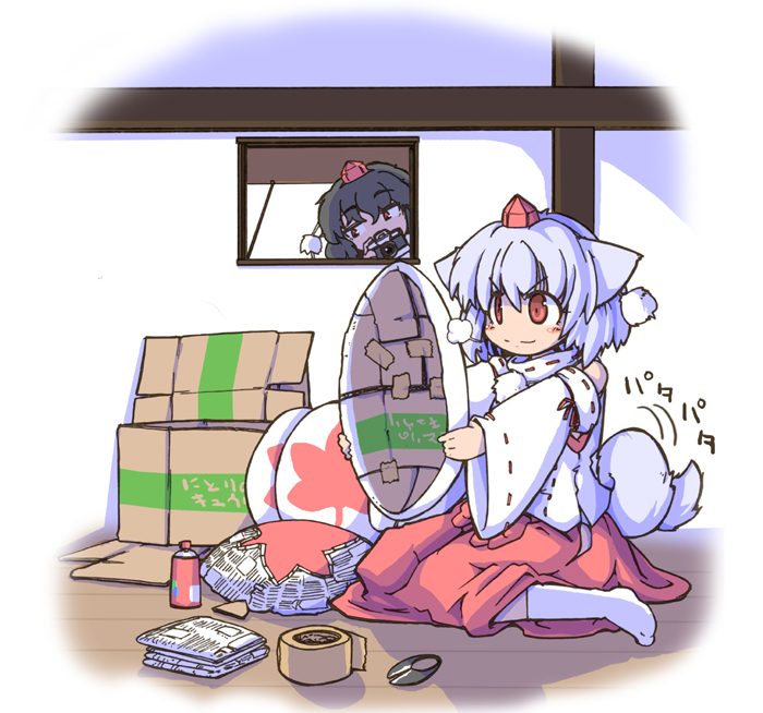 2girls, animal_ears, black_hair, box, camera, cardboard_box, detached_sleeves, eruichi_(redphantom)