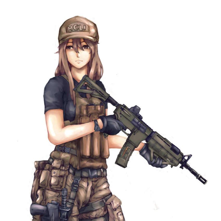 1girl, absurdres, baseball_cap, battle_rifle, black_gloves, brown_eyes, brown_hair, chinatsu_(jormungand), gloves, gun, hat, highres, holster, jormungand, knife, load_bearing_vest, long_hair, olegna_zueqram, operator, rifle, sheath, sheathed, solo, t-shirt, thigh_holster, thigh_pouch, weapon, weapon_request, white_background