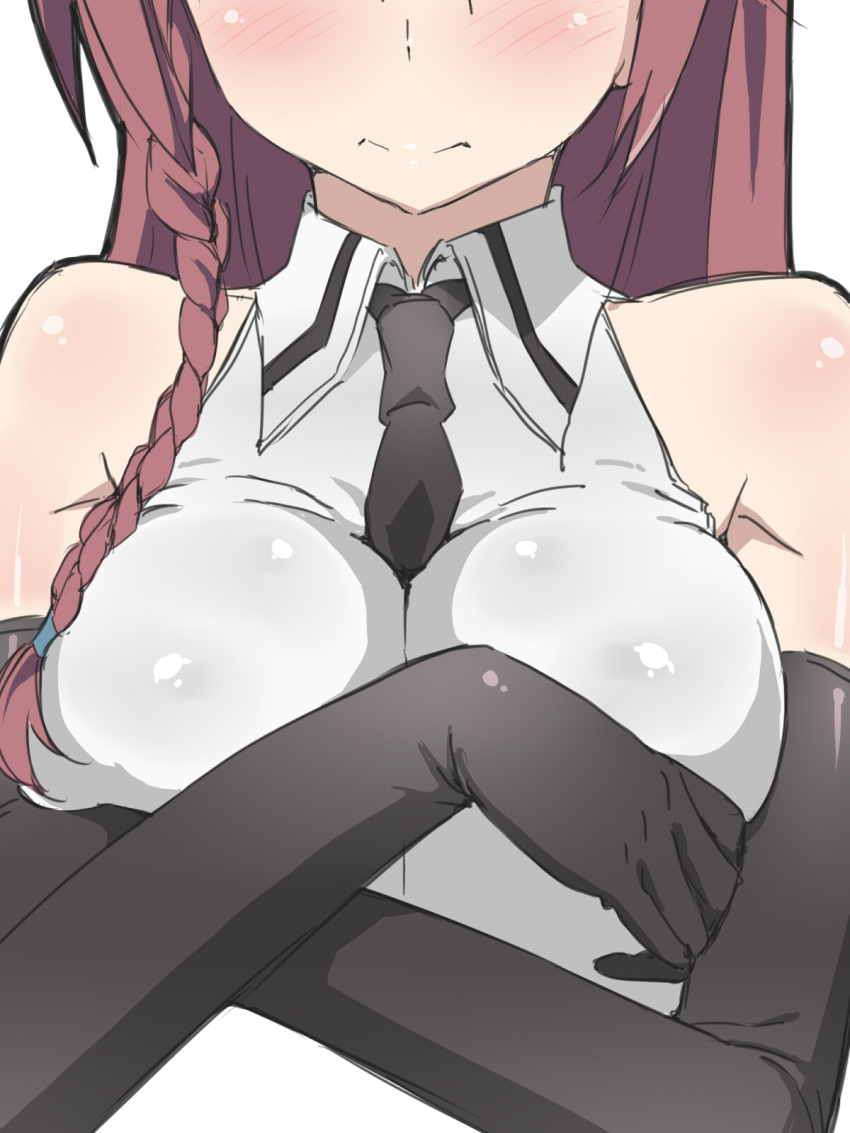 1girl, asami_lilith, bare_shoulders, between_breasts, black_gloves, blush, braid, breasts