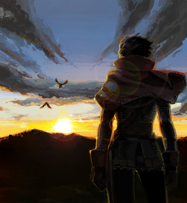 1boy, bird, capelet, chainmail, dusk, from_behind, gloves, hpa_(pixiv)