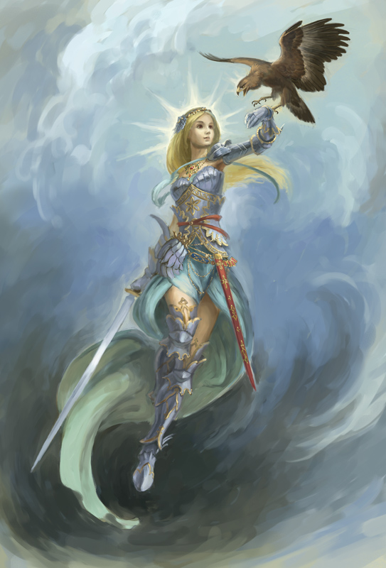 1girl, armor, armored_dress, bird, blonde_hair, breastplate, circlet, eagle