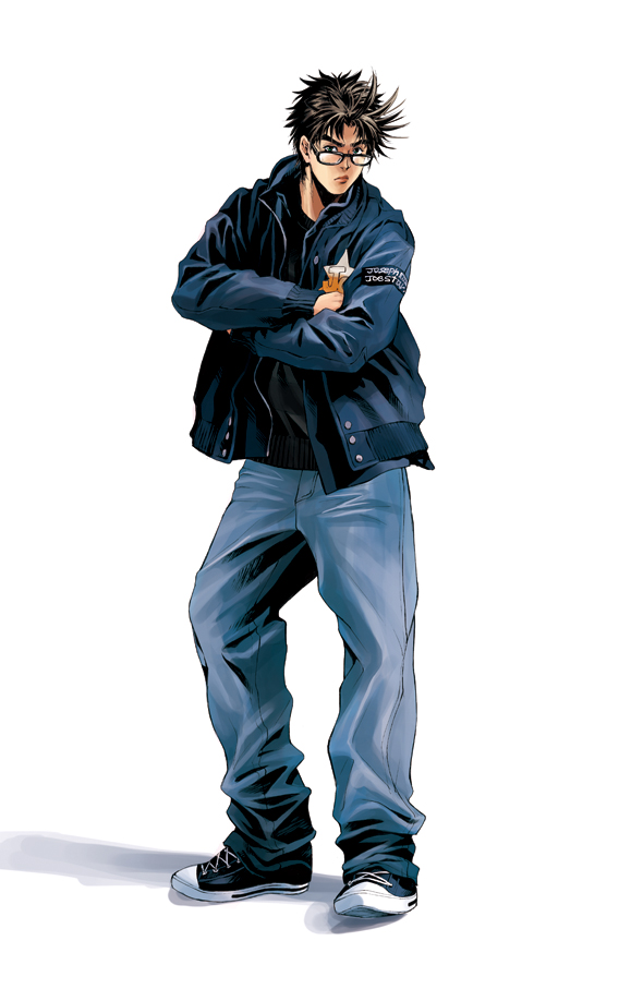 1boy, bespectacled, black_hair, blue_jacket, brown_hair, crossed_arms, denim, denim_jacket