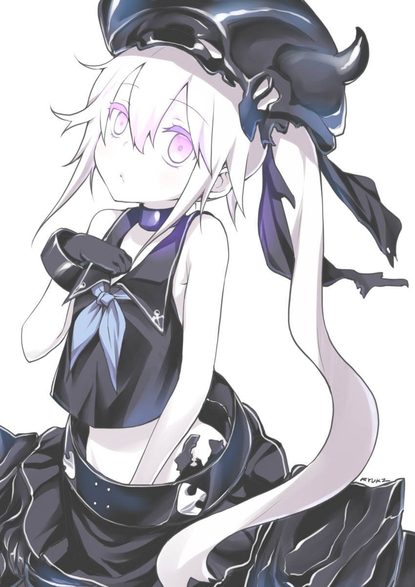 1girl, absurdres, artist_name, black_gloves, destroyer_hime, gloves, hand_in_skirt, hat