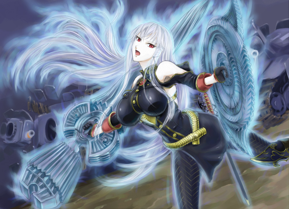 detached_sleeves, impossible_shirt, large_breasts, long_hair, military_uniform, moris, open_mouth, pantyhose