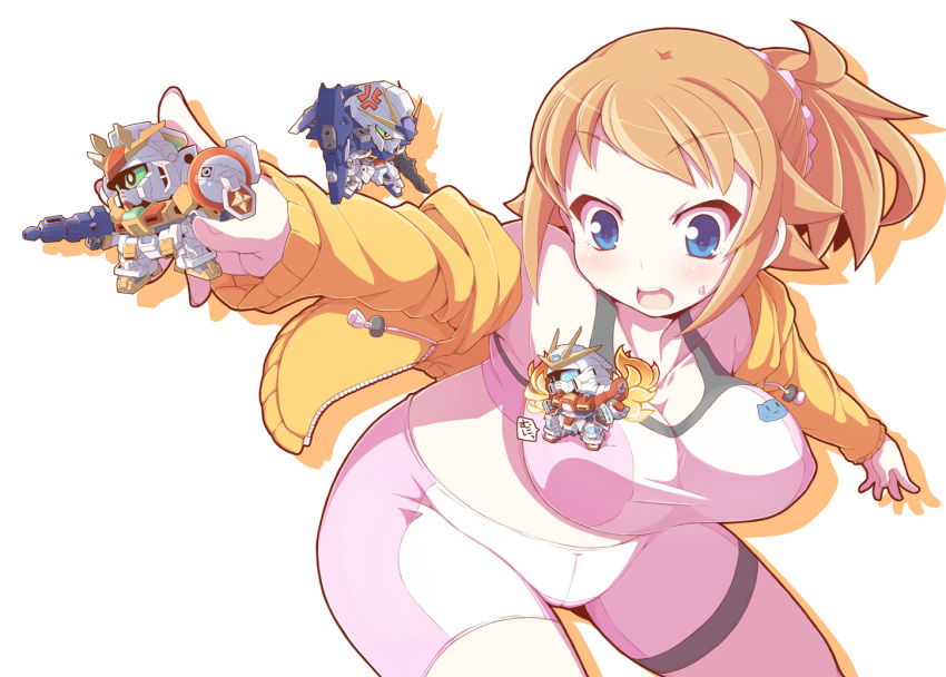 1girl, bike_shorts, blue_eyes, brown_hair, build_burning_gundam, chibi, crazy_developers, gundam