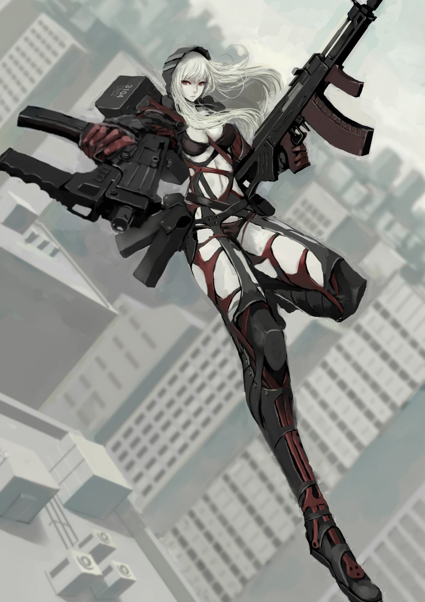 1girl, absurdres, amd-65, assault_rifle, boots, dual_wielding, gangsta_hold, garter_straps