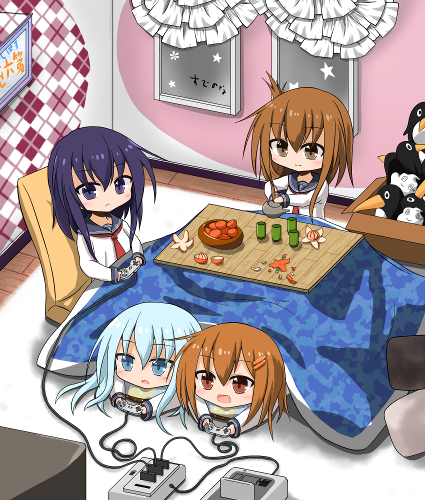 4girls, akatsuki_(kantai_collection), blue_eyes, blue_hair, box, brown_eyes, brown_hair, cardboard_box