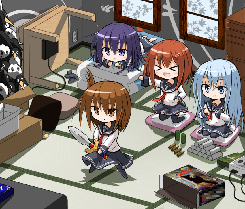 >_<, 2_fuel_4_ammo_11_steel, 4girls, :d, akatsuki_(kantai_collection), black_legwear, blue_eyes, brown_eyes