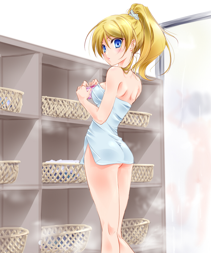 ass, ayase_eli, blonde_hair, blue_eyes, laundry_basket, love_live!_school_idol_project, panties, ponytail