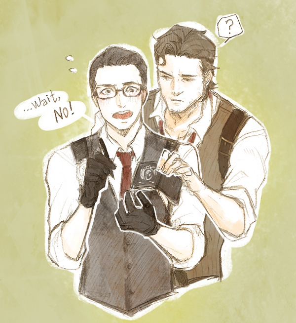2boys, black_hair, book, brown_hair, facial_hair, glasses, gloves, hiruchan
