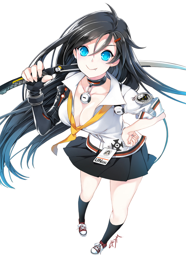 1girl, black_gloves, black_hair, black_legwear, blue_eyes, breasts, chkuyomi, choker