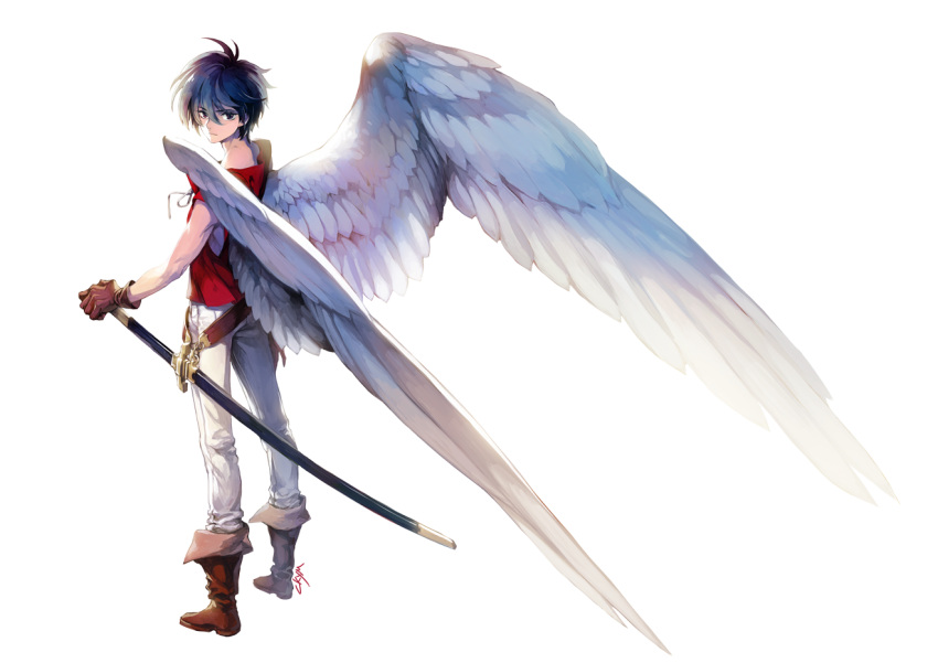 1boy, angel_wings, belt, black_eyes, black_hair, boots, brown_gloves, chkuyomi