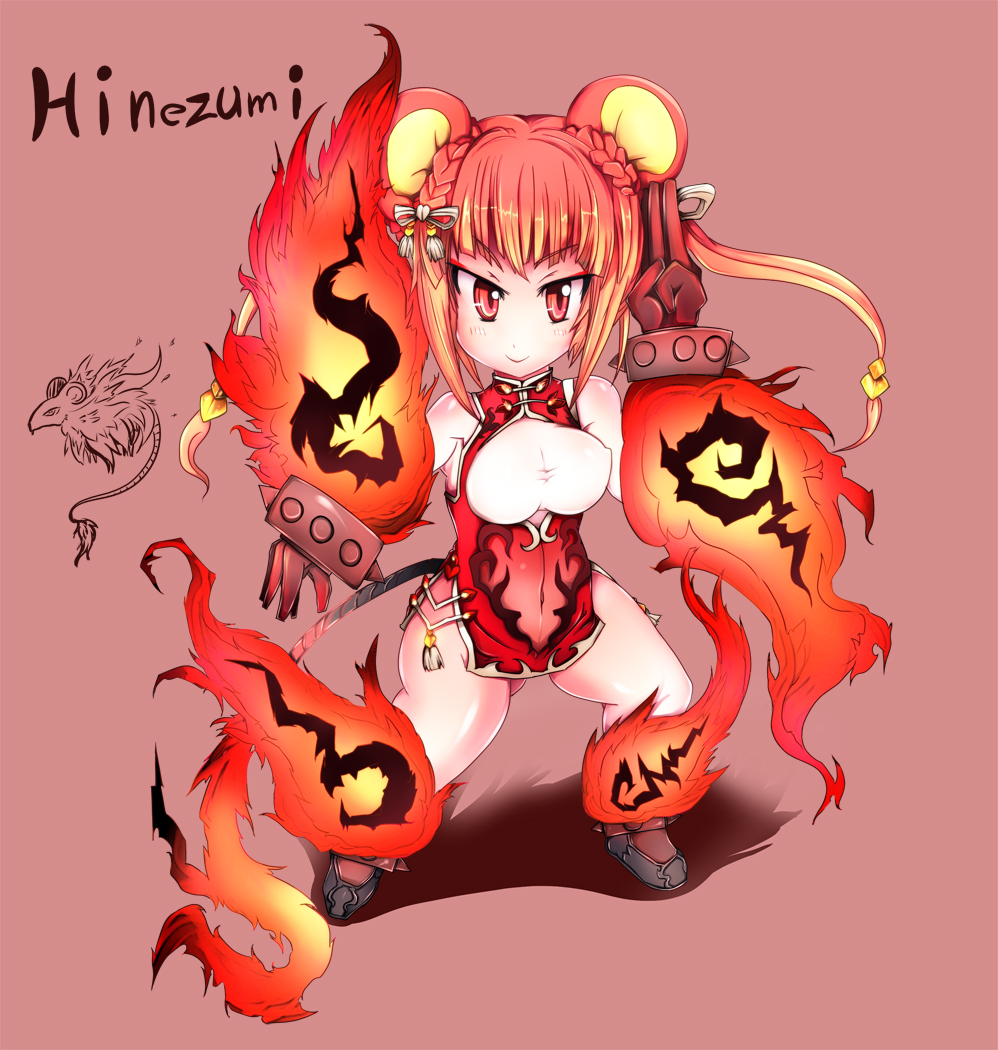 1girl, animal_ears, bracelet, braid, character_name, chibi, china_dress, chinese_clothes, covered_navel, fighting_stance, fire, framed_breasts, french_braid, full_body, gloves, hinezumi_(monster_girl_encyclopedia), jewelry, long_hair, monster_girl, monster_girl_encyclopedia, mouse_ears, mouse_tail, red, red_background, red_eyes, red_gloves, redhead, shadow, side_slit, simple_background, sleeveless, smile, solo, spiked_bracelet, spikes, tail, tokamaku, twintails
