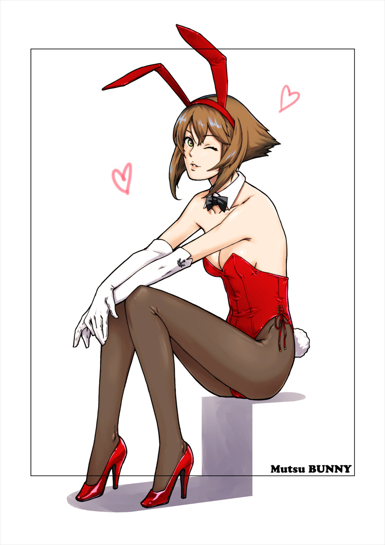 1girl, alternate_costume, animal_ears, bare_shoulders, black_legwear, breasts, brown_hair, bunny_tail