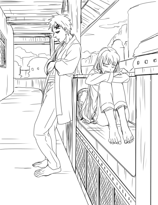 1boy, 1girl, barefoot, closed_eyes, enui, female, gaara, genderswap, laughing, long_hair, male, naruko, naruto, naruto_shippuuden, no_eyebrows, short_hair, sketch, tattoo, uzumaki_naruto
