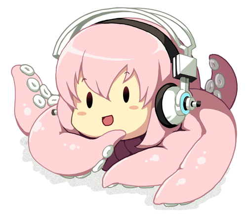 1girl, blush, chibi, fusion, headphones, kouki_kuu, long_hair, lowres