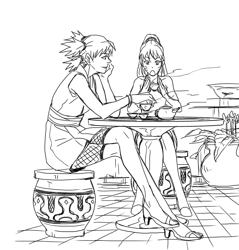 2girls, cup, enui, facial_mark, genderswap, long_hair, multiple_girls, naruko