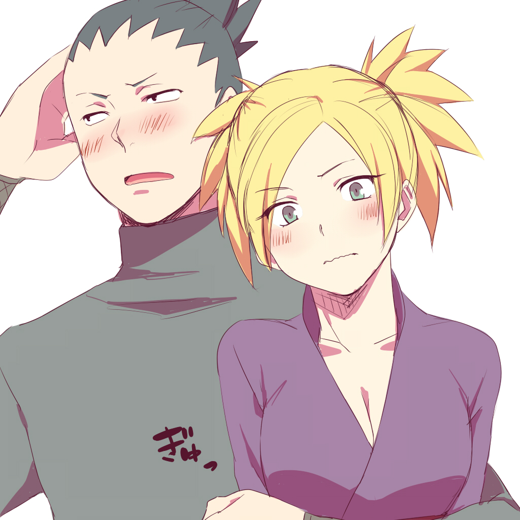 1boy, 1girl, black_hair, blonde_hair, blush, breasts, cleavage, couple