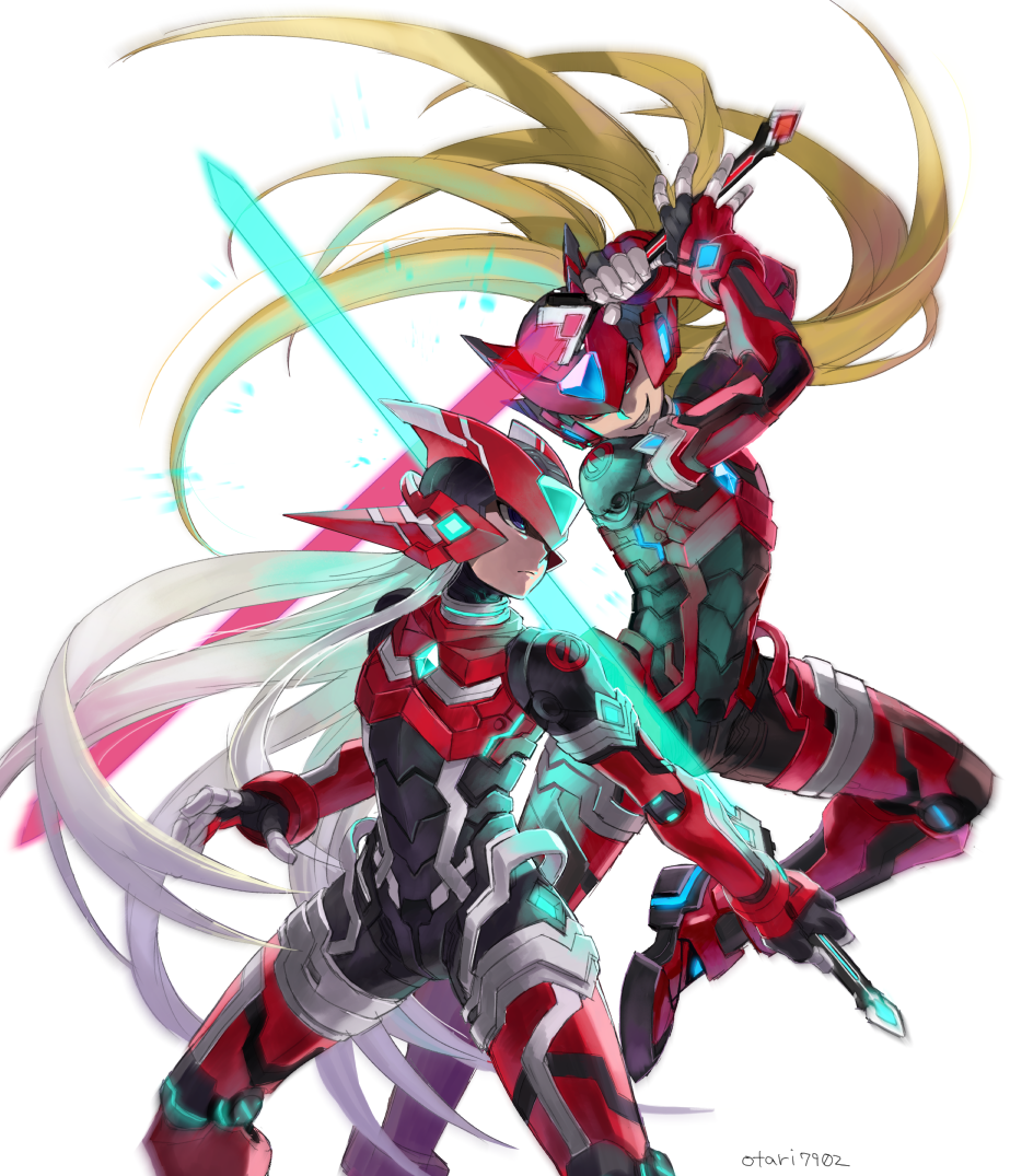 2boys, android, armor, blonde_hair, blue_eyes, bodysuit, energy_sword, glowing