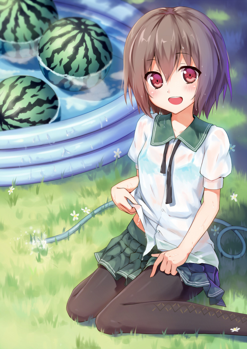 1girl, black_legwear, blush, bra, brown_hair, flower, food, fruit