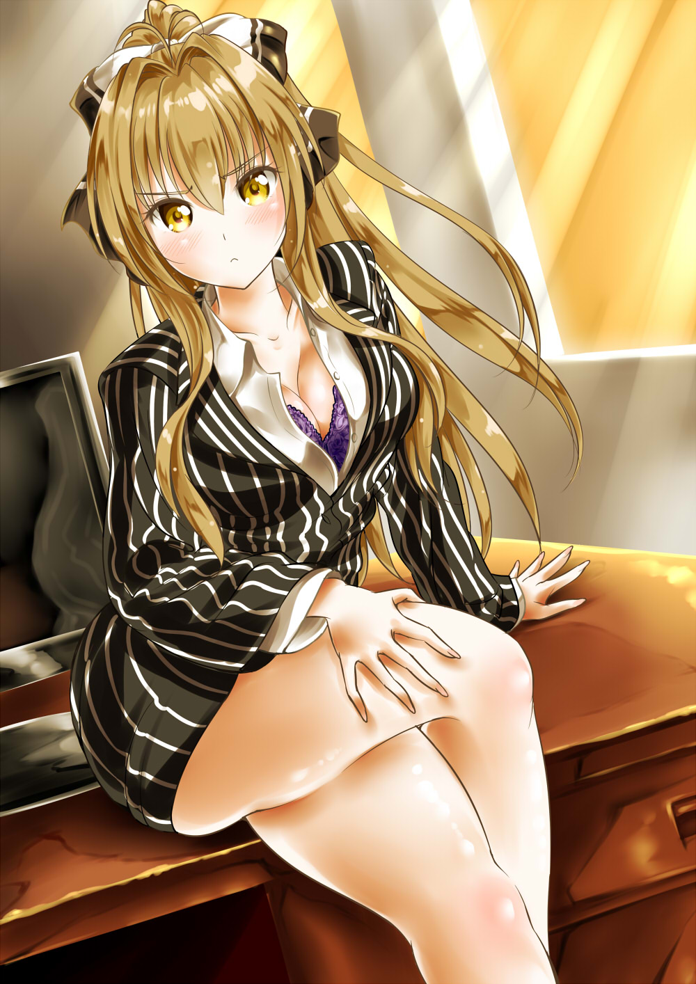 1girl, amagi_brilliant_park, antenna_hair, blush, bra, breasts, brown_eyes, brown_hair, business_suit, cleavage, dress_shirt, female, formal, hair_intakes, highres, large_breasts, long_hair, long_sleeves, looking_at_viewer, open_clothes, open_shirt, pinstripe_suit, ponytail, sento_isuzu, shiny, shirt, sitting, skirt, skirt_suit, solo, suit, thighs, underwear, uniform
