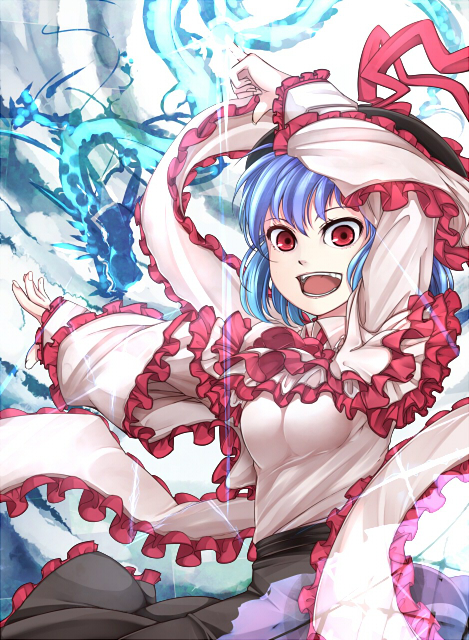 1girl, blue_hair, dragon, eastern_dragon, frills, hanamaru-s, hat, nagae_iku