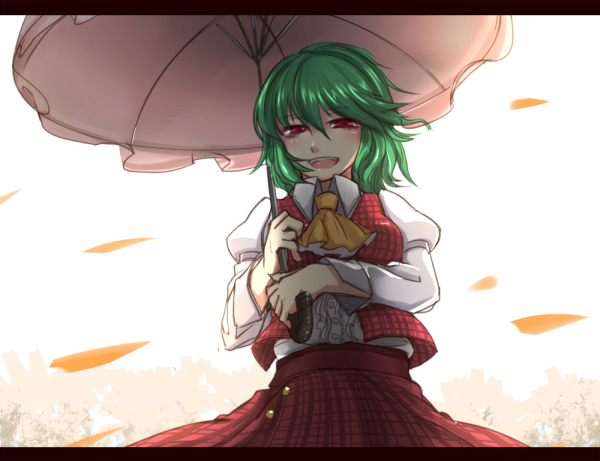 1girl, ascot, green_hair, hanamaru-s, kazami_yuuka, letterboxed, open_mouth, petals