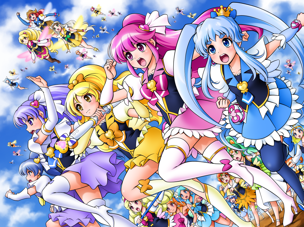 6+girls, :o, aino_megumi, arm_warmers, black_legwear, blonde_hair, blonde_haired_cure_(bomber_girls_precure)_(happinesscharge_precure!), blue_hair