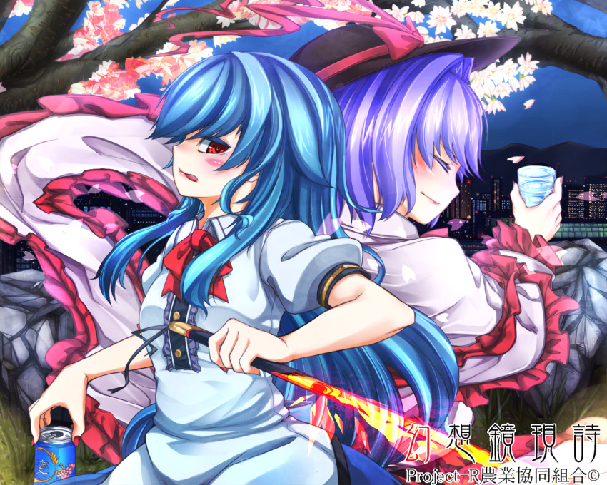 2girls, blue_hair, bow, can, cherry_blossoms, cityscape, closed_eyes, frills