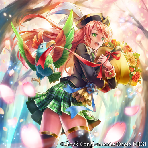 .hack//, 1girl, 2012, bird, black_legwear, blazer, bouquet, charlotte_(guilty_dragon)