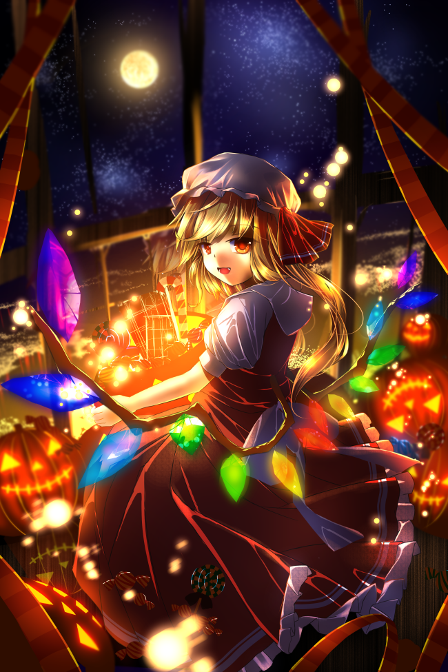 1girl, basket, blonde_hair, candy, candy_cane, fang, flandre_scarlet, full_moon