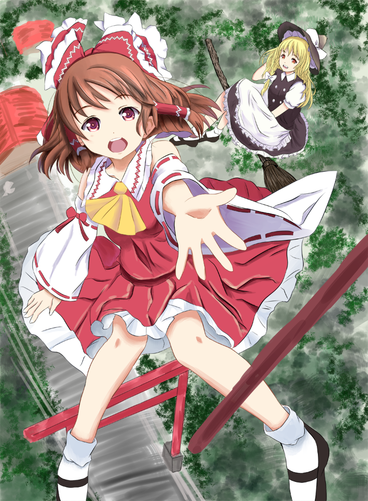 2girls, ascot, black_hair, blonde_hair, bow, broom, broom_riding, brown_hair