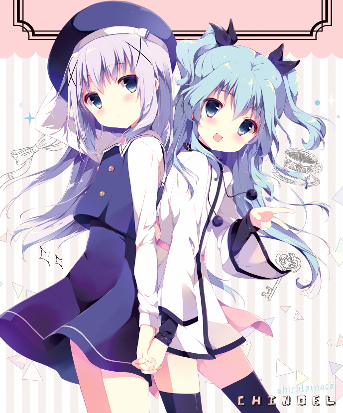 2girls, back-to-back, black_legwear, blue_eyes, blue_hair, blush, boots, crossover