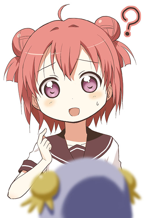 2girls, ?, ahoge, akaza_akari, blurry, crossover, depth_of_field, hair_bun