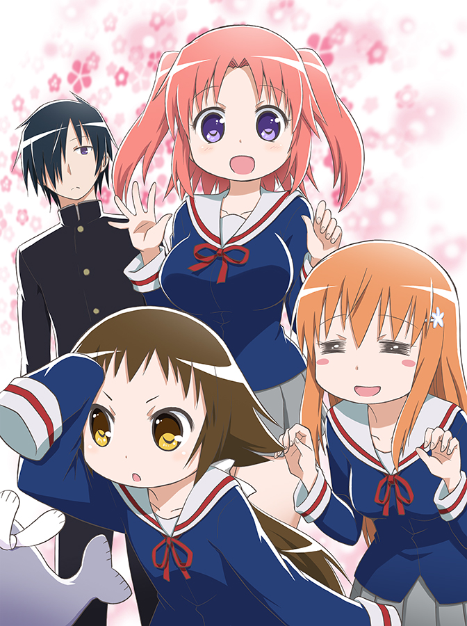 1boy, 4girls, =_=, blue_eyes, blush_stickers, brown_hair, company_connection, crossover
