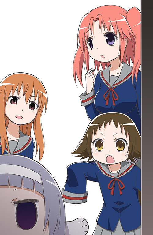 4girls, blue_eyes, blue_hair, brown_eyes, brown_hair, company_connection, crossover, kannagi