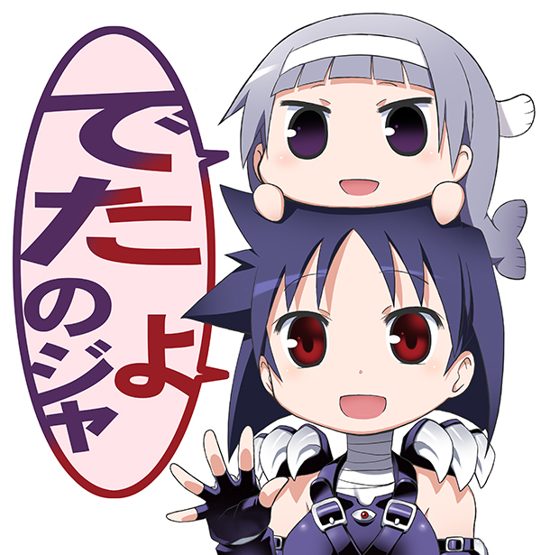 2girls, blue_hair, chibi, creator_connection, crossover, fingerless_gloves, gloves, kannagi