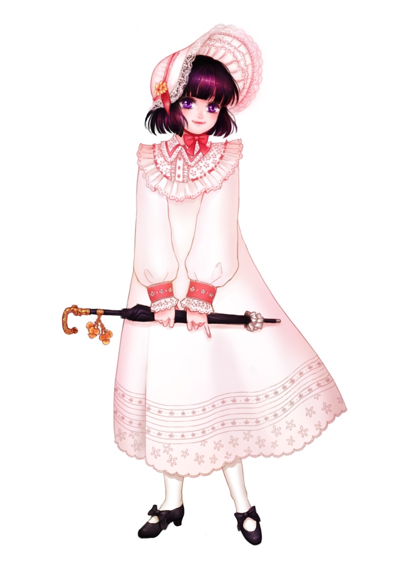 1girl, alternate_costume, bishoujo_senshi_sailor_moon, black_shoes, bob_cut, bonnet, bowtie, dress, frills, holding, ispan, lace, long_dress, long_sleeves, pink_dress, puffy_long_sleeves, puffy_sleeves, purple_hair, short_hair, smile, solo, standing, tomoe_hotaru, umbrella, victorian, violet_eyes, white_background, white_dress, white_legwear