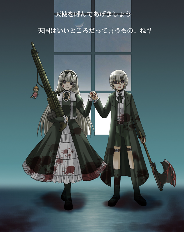 black_lagoon, blood, blue_eyes, dress, gothic_lolita, gretel_(black_lagoon), gun, hansel