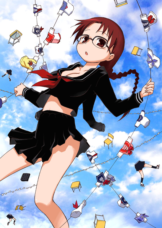 1girl, black_serafuku, braid, brown_eyes, brown_hair, cosplay, crossover, desk