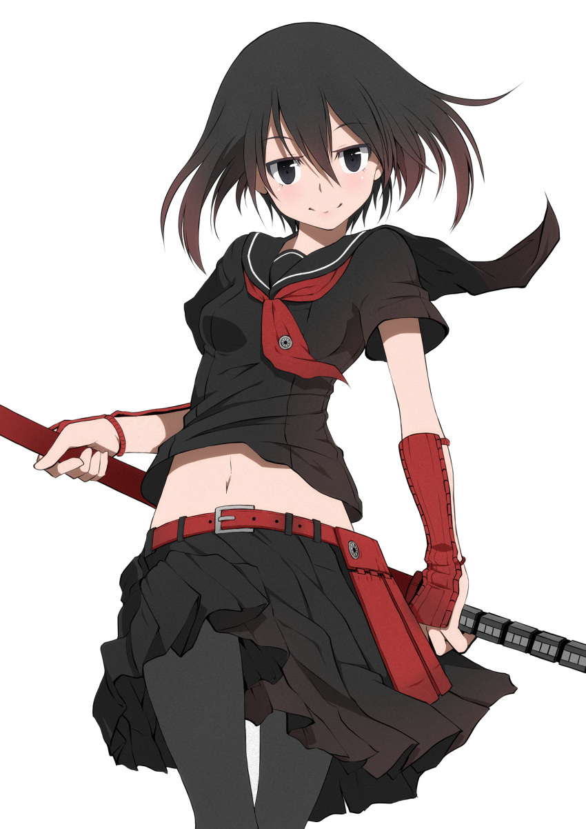 1girl, akame_ga_kill!, belt, black_eyes, black_hair, black_legwear, buckle, crop_top