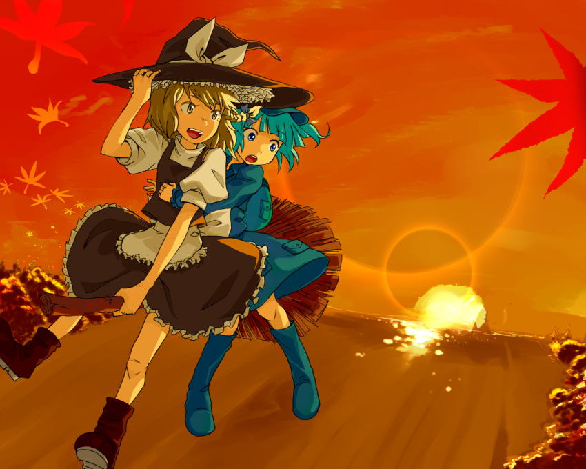 blue_eyes, blue_hair, boots, braid, broom, broom_riding, broomstick, flying