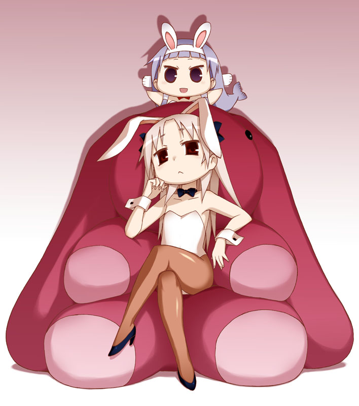 2girls, animal_ears, blue_hair, bowtie, bunnysuit, chibi, chiro-chan, creator_connection