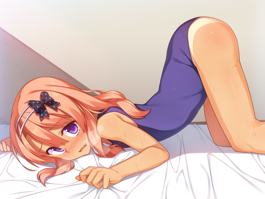 1girl, ass, blush, bow, fang, hair_bow, hairband, heavy_breathing