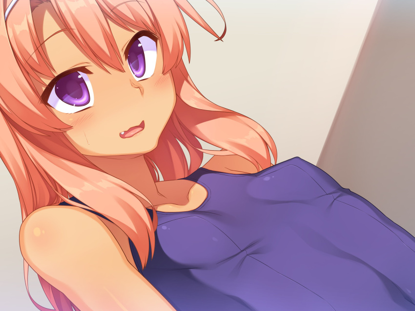 1girl, blush, bow, breasts, fang, hair_bow, hairband, highres