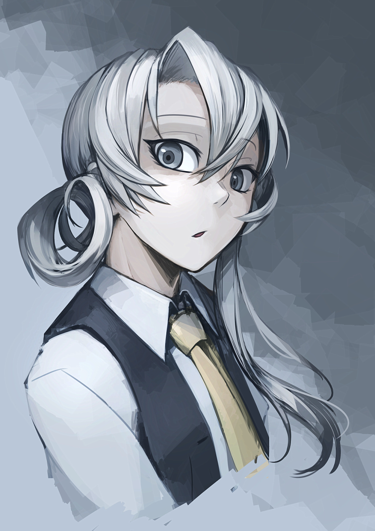 1girl, asymmetrical_hair, grey_eyes, hetza_(hellshock), kantai_collection, looking_at_viewer, necktie, nowaki_(kantai_collection)