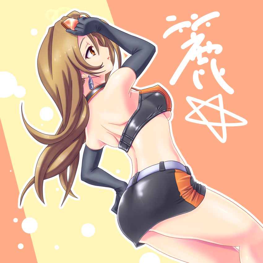 1girl, brown_eyes, brown_hair, elbow_gloves, gloves, highres, long_hair, midriff