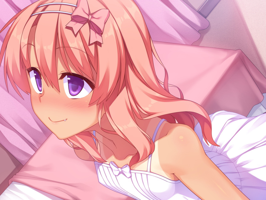 1girl, bare_shoulders, blush, bow, dress, fang, hair_bow, hairband, highres, izumi_(racer), long_hair, one-piece_tan, original, pink_hair, racer_(magnet), small_breasts, smile, solo, tan, tanline, violet_eyes, white_dress